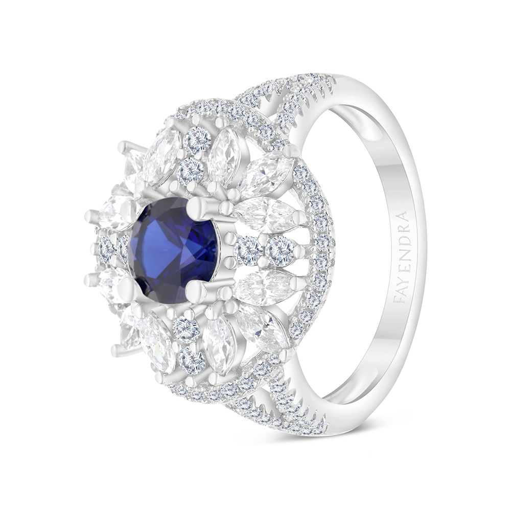 Sterling Silver 925 Ring Rhodium Plated Embedded With Sapphire CorundumAnd White CZ