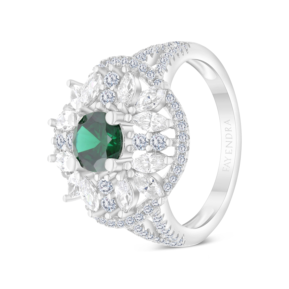 Sterling Silver 925 Ring Rhodium Plated Embedded With Emerald Zircon And White CZ