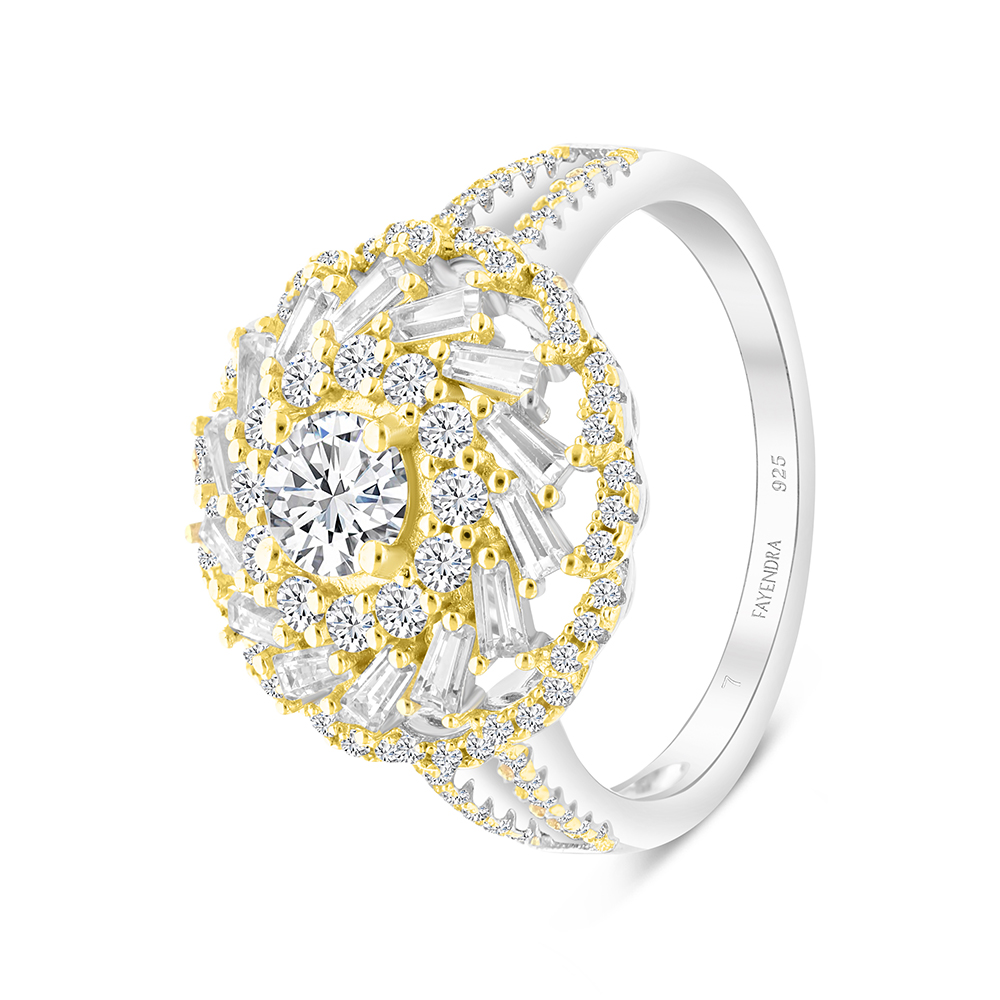 Sterling Silver 925 Ring Rhodium And Gold Plated Embedded With White CZ