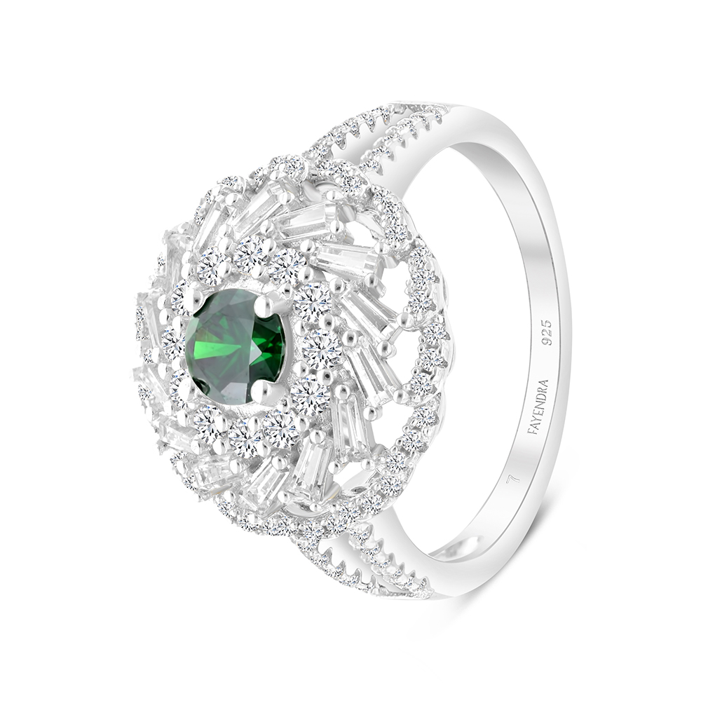 Sterling Silver 925 Ring Rhodium Plated Embedded With Emerald Zircon And White CZ