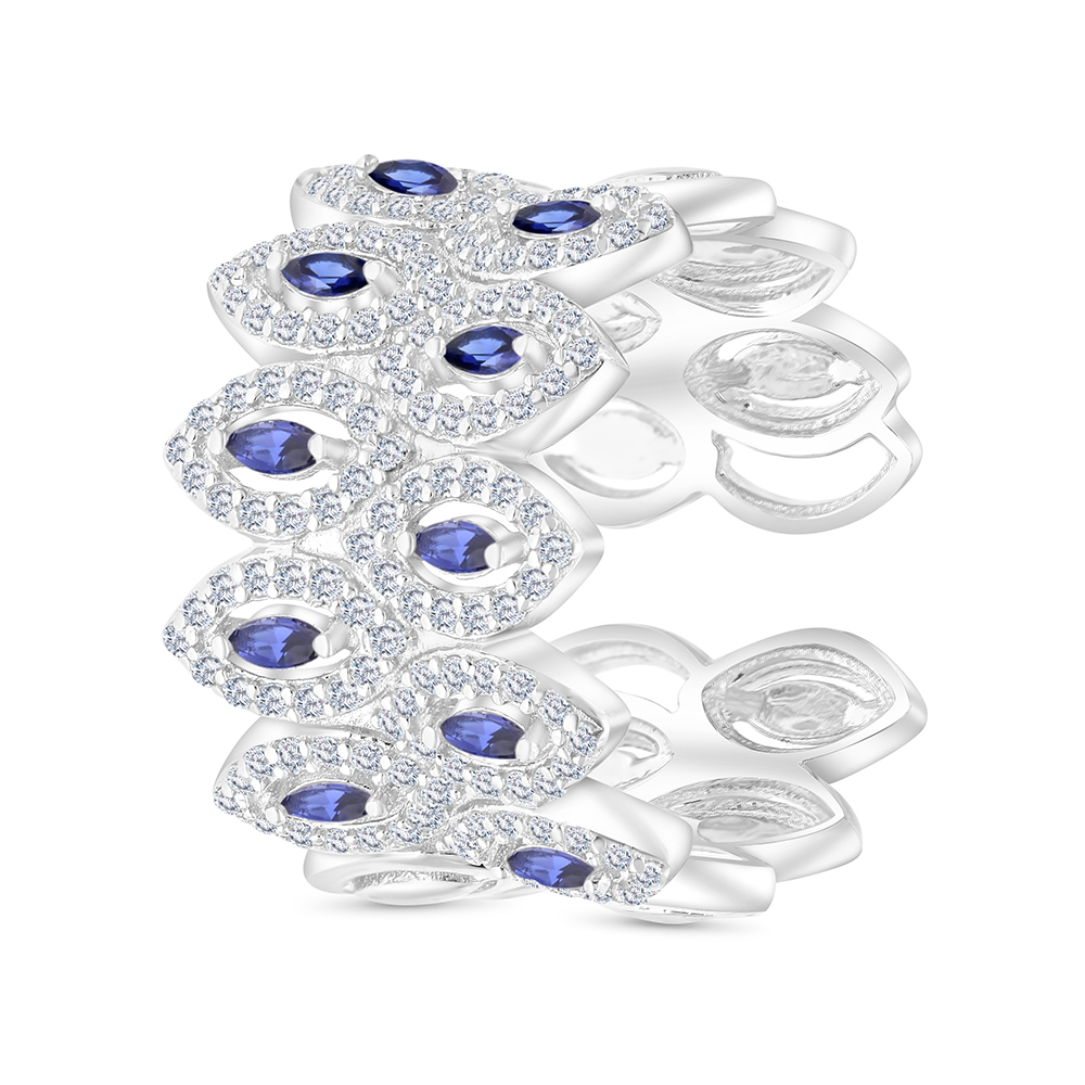 Sterling Silver 925 Ring Rhodium Plated Embedded With Sapphire CorundumAnd White CZ