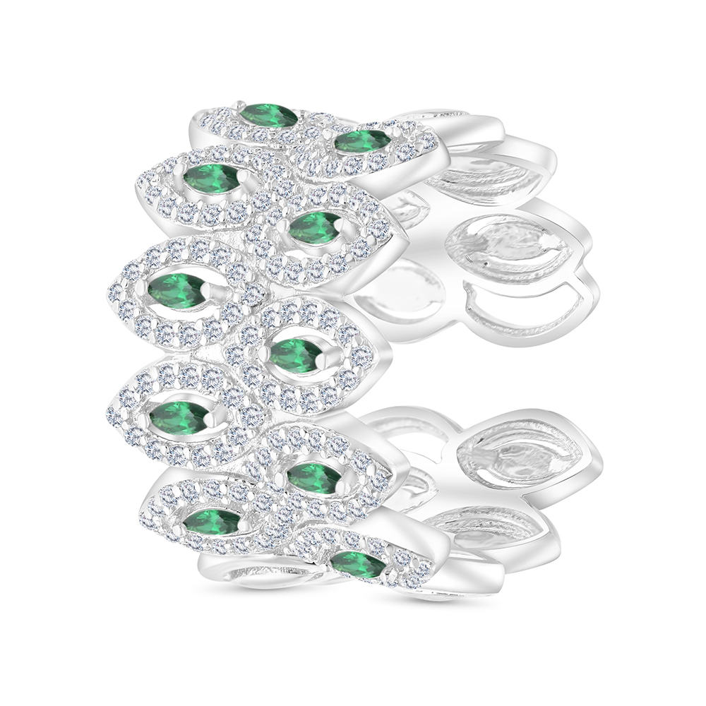 Sterling Silver 925 Ring Rhodium Plated Embedded With Emerald Zircon And White CZ