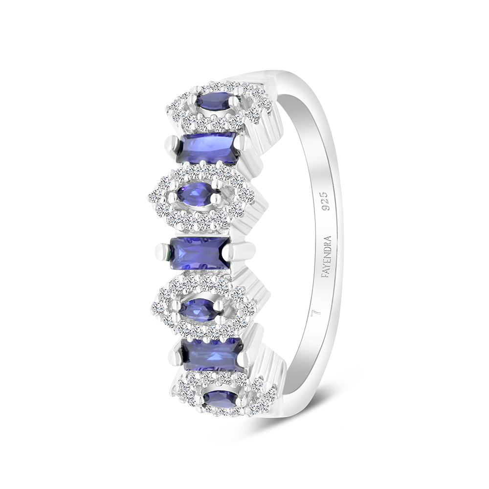 Sterling Silver 925 Ring Rhodium Plated Embedded With Sapphire CorundumAnd White CZ