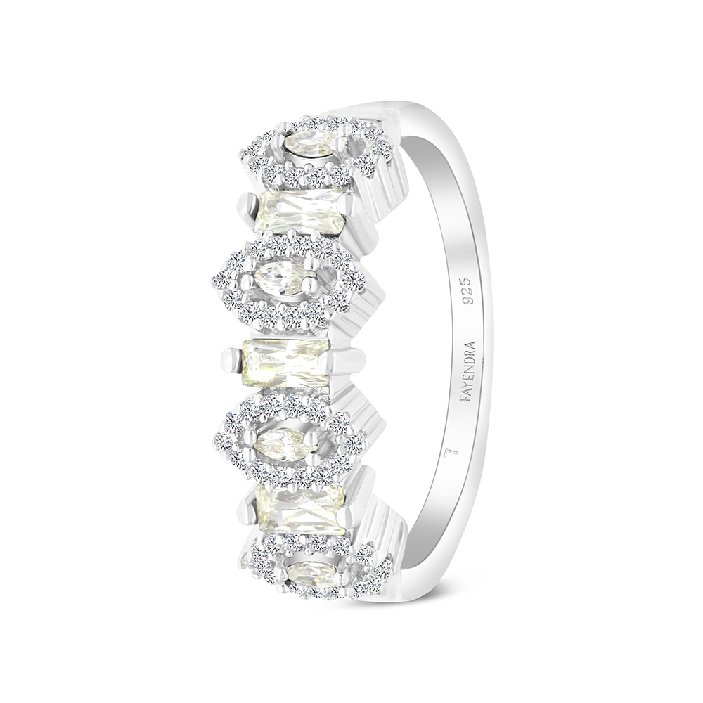 Sterling Silver 925 Ring Rhodium Plated Embedded With Yellow Zircon And White CZ