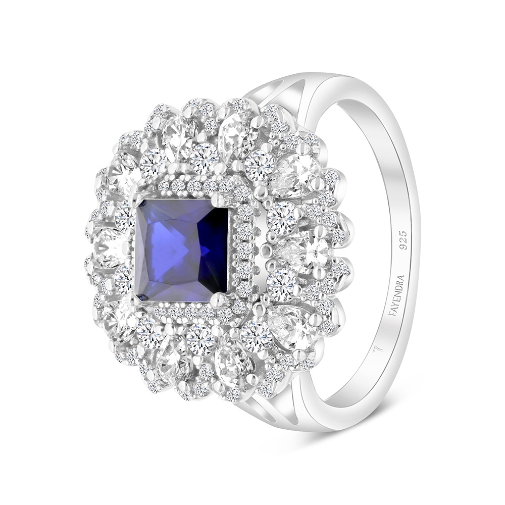 Sterling Silver 925 Ring Rhodium Plated Embedded With Sapphire CorundumAnd White CZ