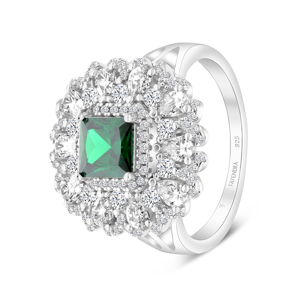 Sterling Silver 925 Ring Rhodium Plated Embedded With Emerald Zircon And White CZ