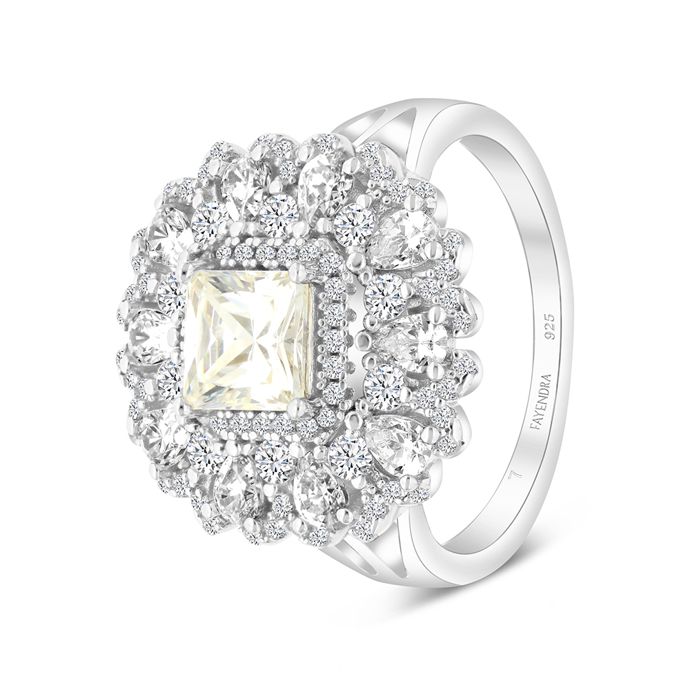 Sterling Silver 925 Ring Rhodium Plated Embedded With Yellow Zircon And White CZ