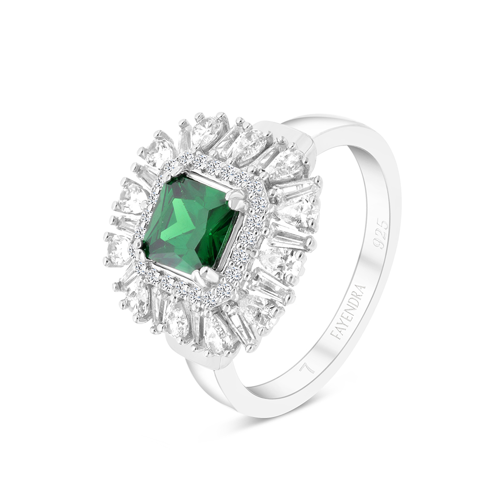 Sterling Silver 925 Ring Rhodium Plated Embedded With Emerald Zircon And White CZ