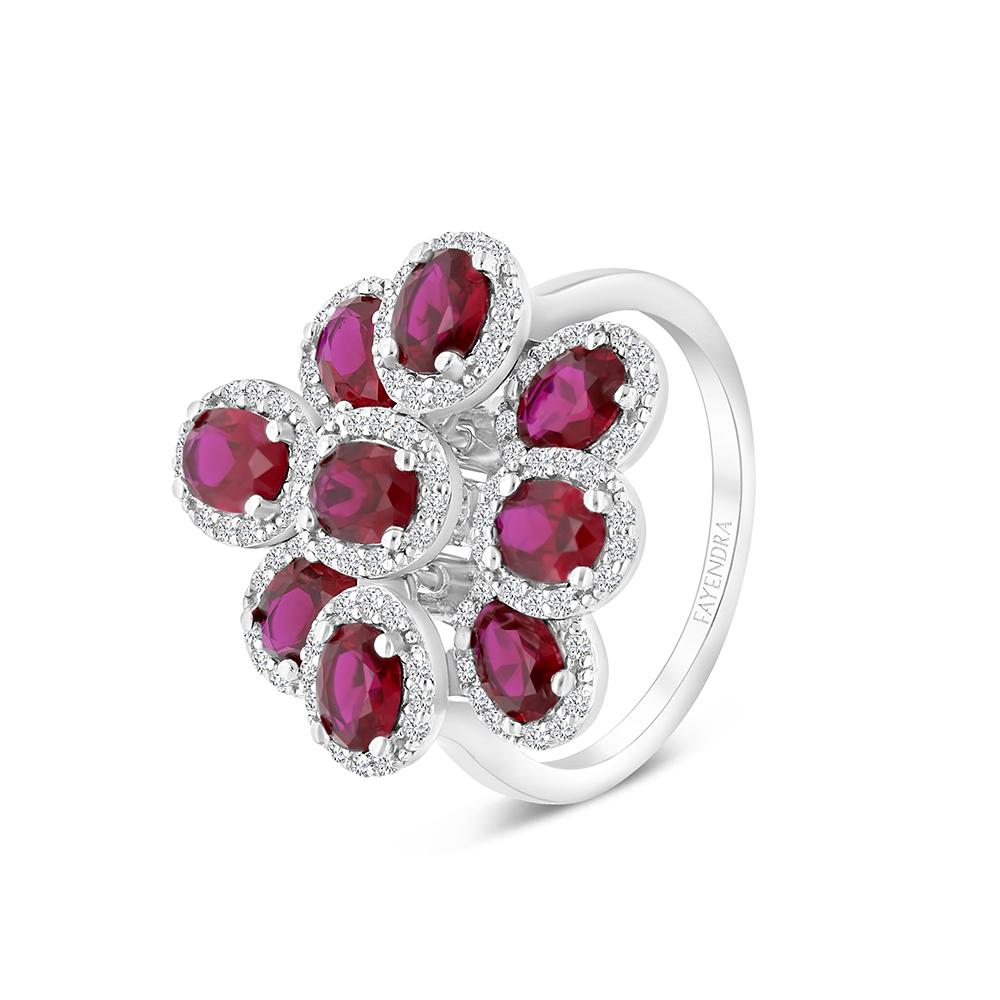 Sterling Silver 925 Ring Rhodium Plated Embedded With Ruby Corundum And White CZ