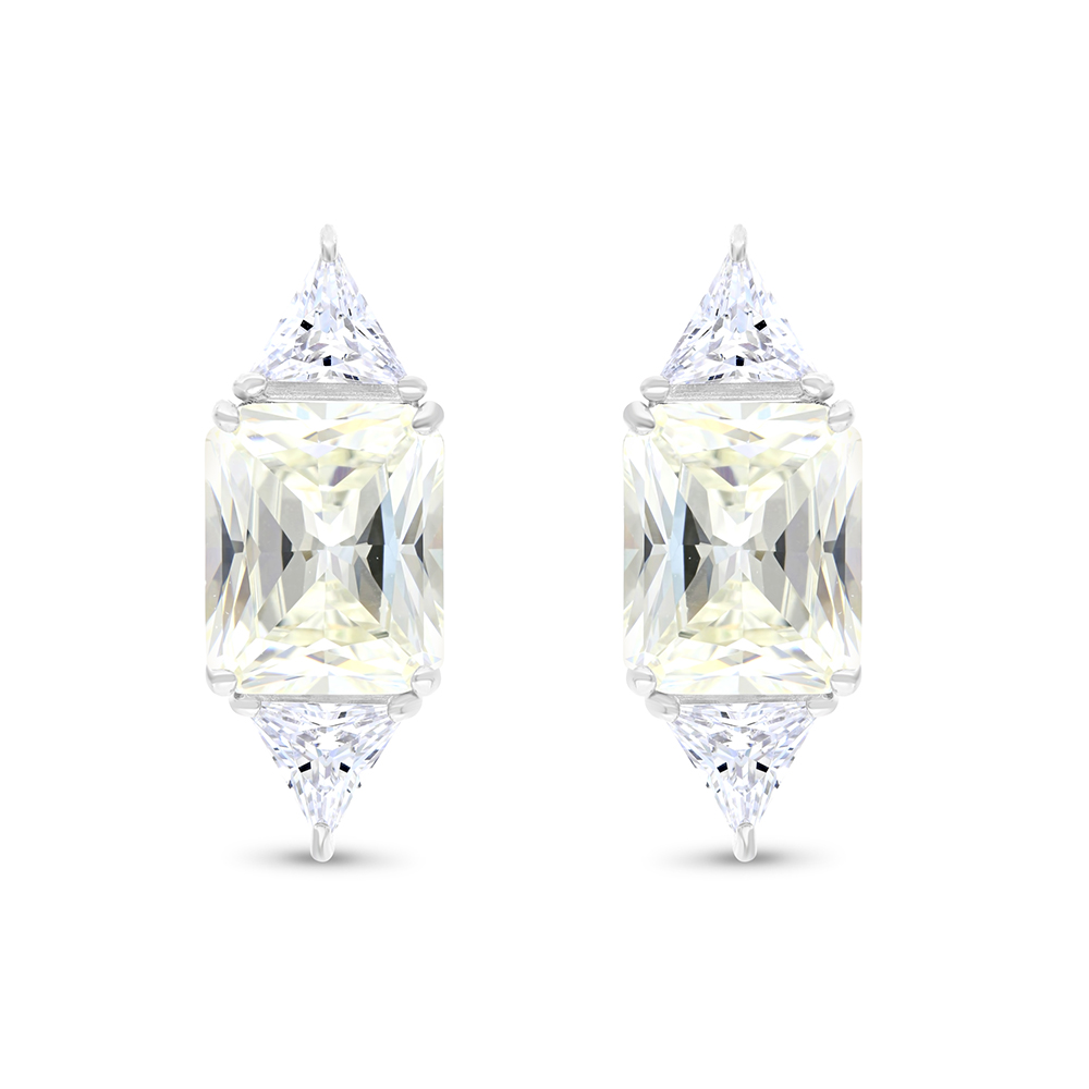 Sterling Silver 925 Earring Rhodium Plated Embedded With Yellow Zircon And White CZ