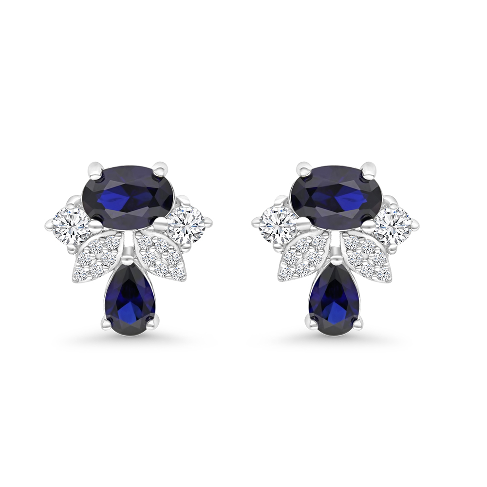 Sterling Silver 925 Earring Rhodium Plated Embedded With Sapphire Corundum And White CZ