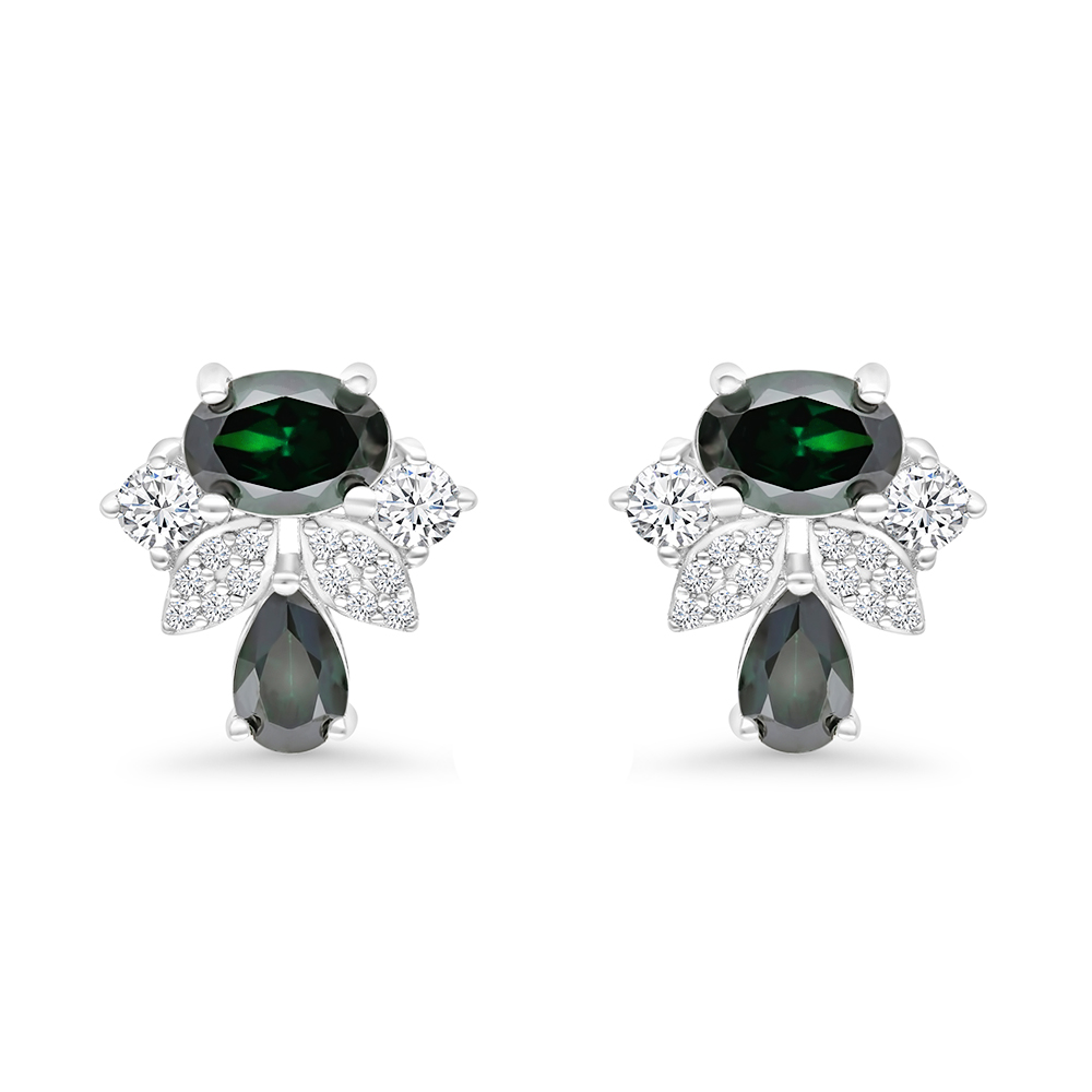 Sterling Silver 925 Earring Rhodium Plated Embedded With Emerald Zircon And White CZ