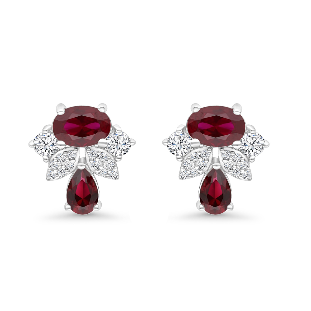 Sterling Silver 925 Earring Rhodium Plated Embedded With Ruby Corundum And White CZ