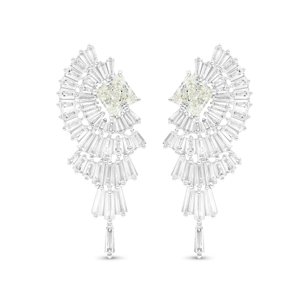 Sterling Silver 925 Earring Rhodium Plated Embedded With Yellow Zircon And White CZ