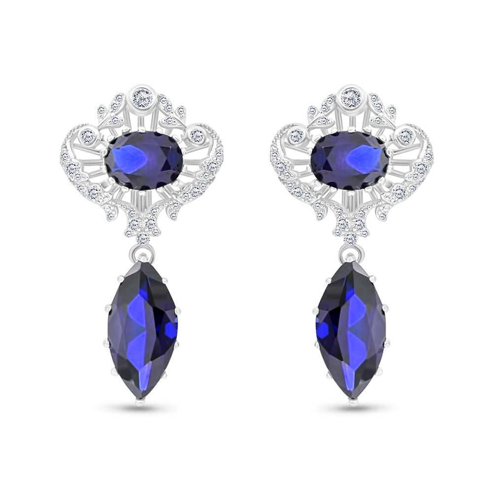 Sterling Silver 925 Earring Rhodium Plated Embedded With Sapphire Corundum And White CZ