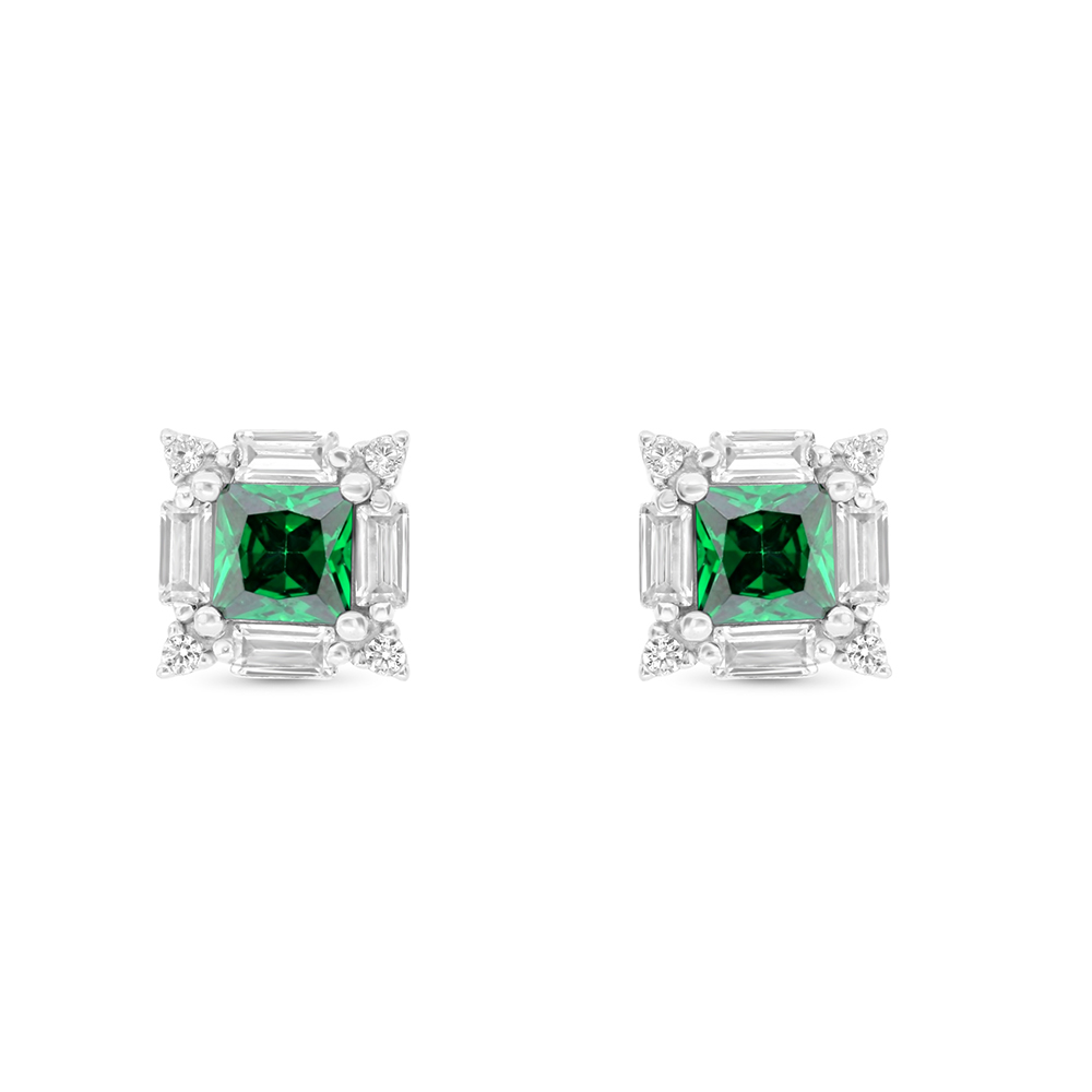 Sterling Silver 925 Earring Rhodium Plated Embedded With Emerald Zircon And White CZ