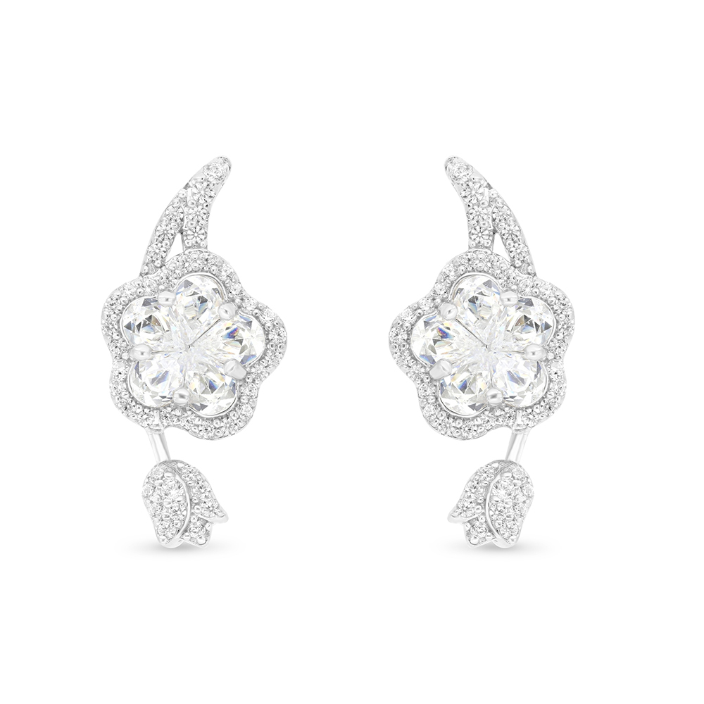 Sterling Silver 925 Earring Rhodium Plated Embedded With White CZ