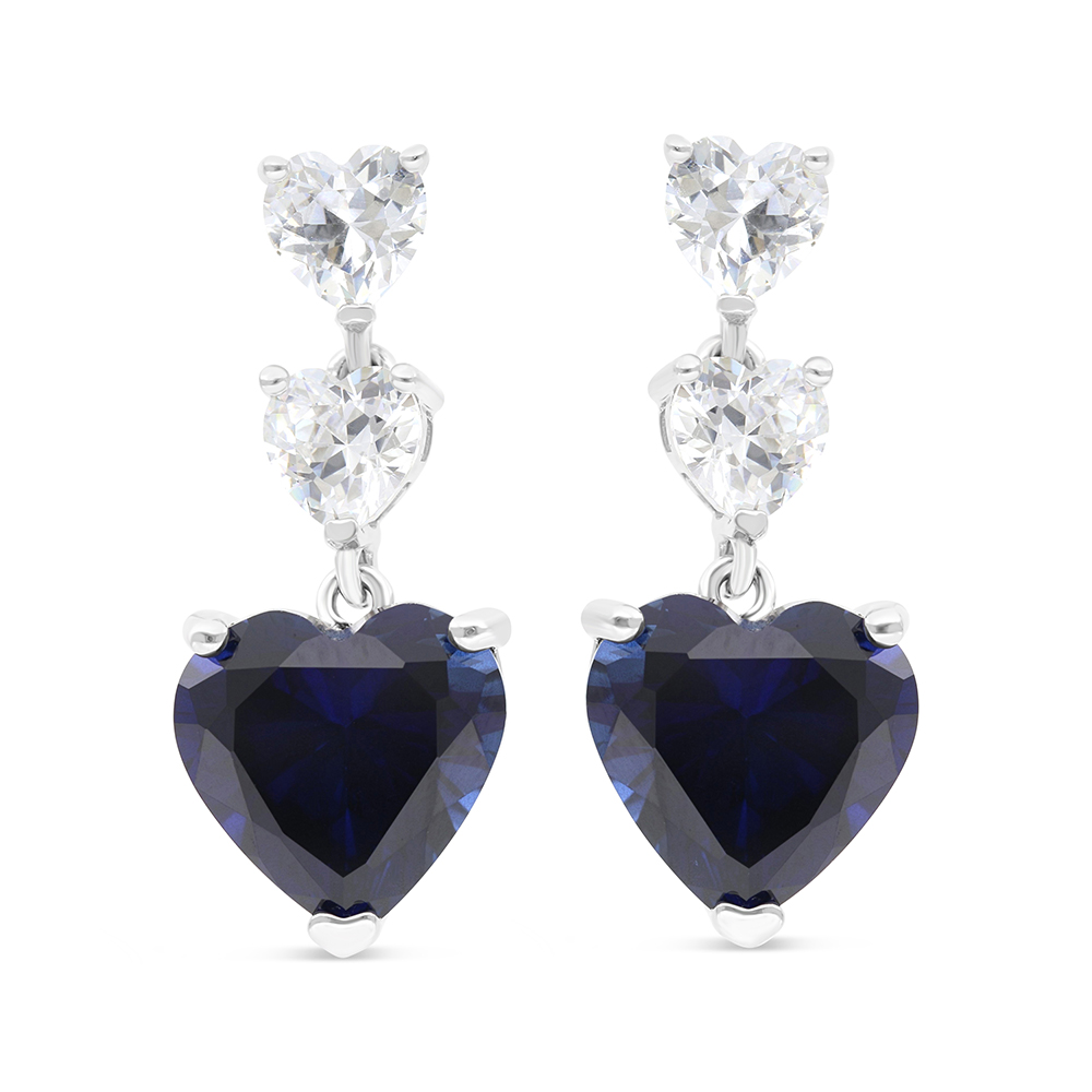 Sterling Silver 925 Earring Rhodium Plated Embedded With Sapphire Corundum And White CZ