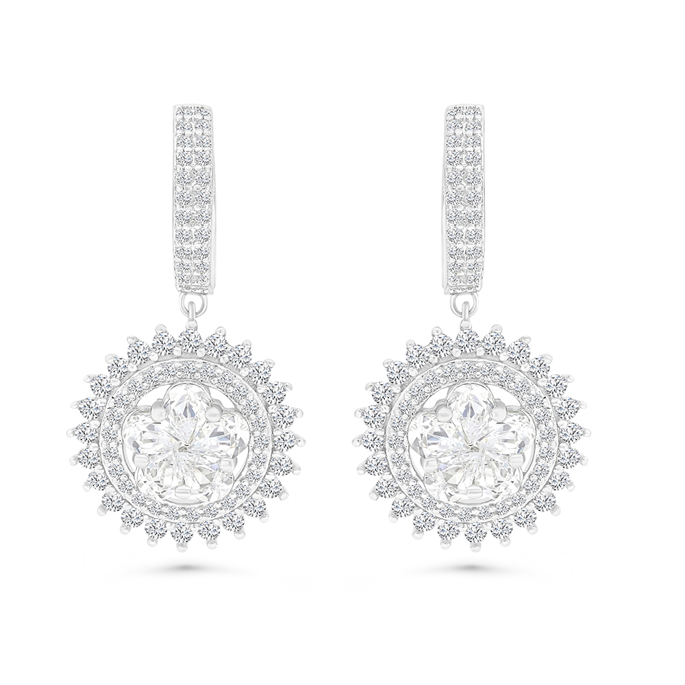 Sterling Silver 925 Earring Rhodium Plated Embedded With White CZ