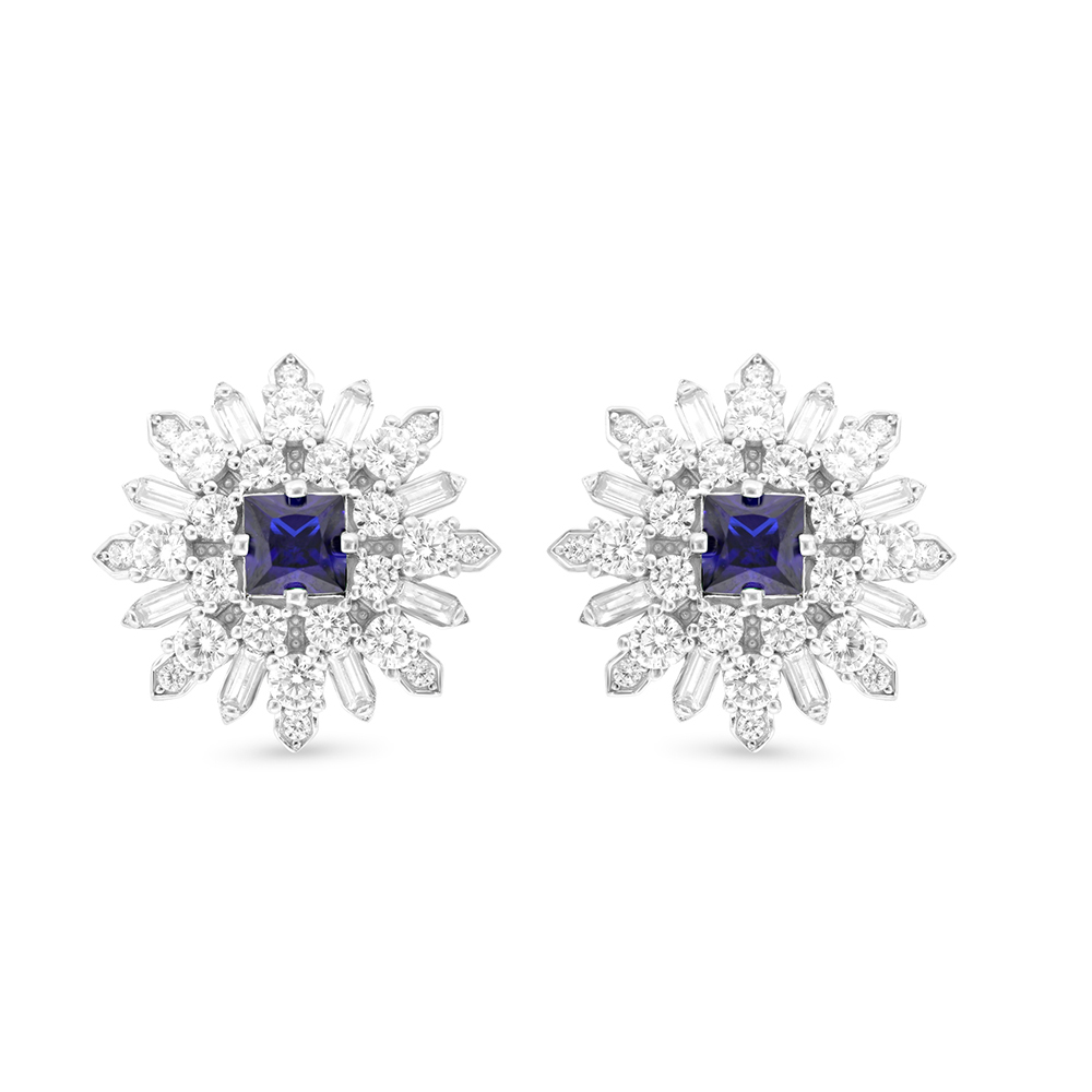 Sterling Silver 925 Earring Rhodium Plated Embedded With Sapphire Corundum And White CZ