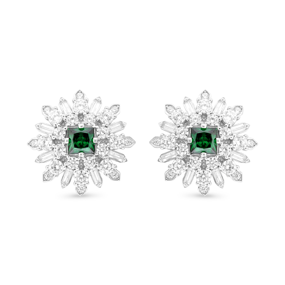 Sterling Silver 925 Earring Rhodium Plated Embedded With Emerald Zircon And White CZ