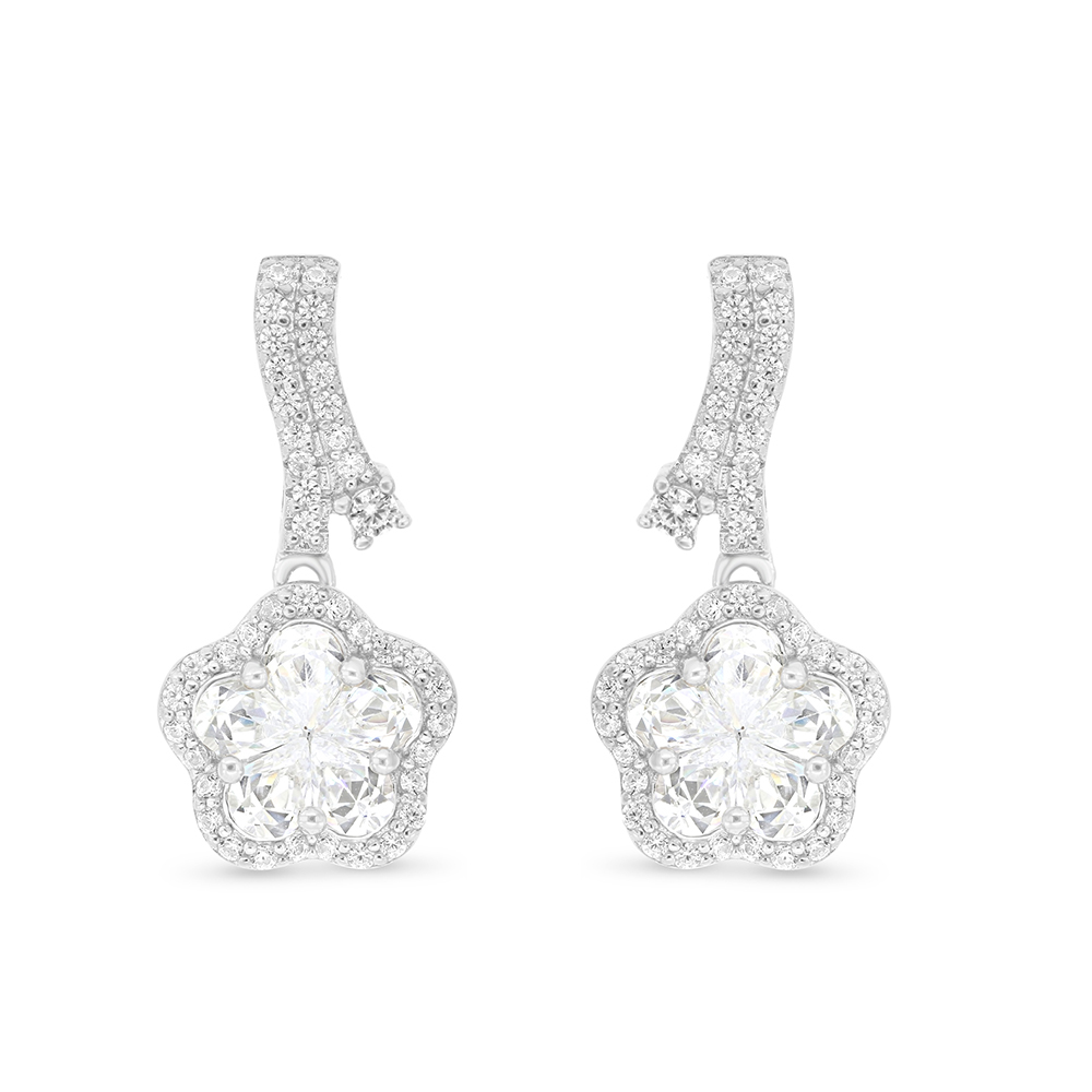 Sterling Silver 925 Earring Rhodium Plated Embedded With White CZ