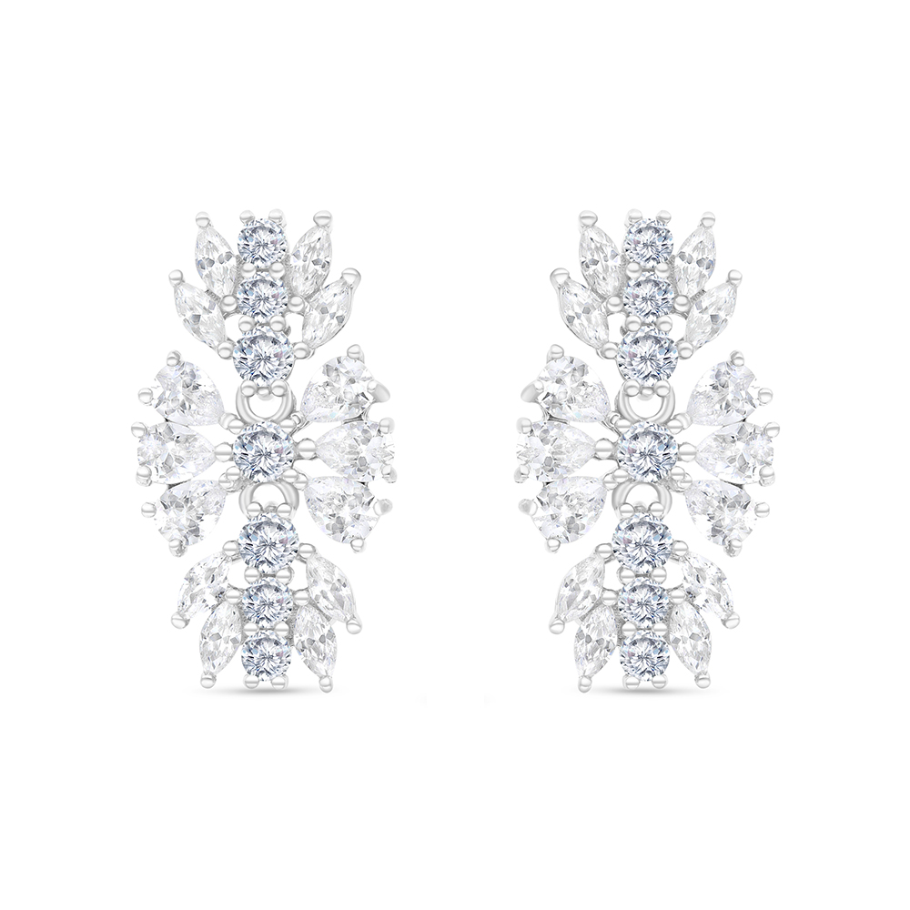 Sterling Silver 925 Earring Rhodium Plated Embedded With White CZ
