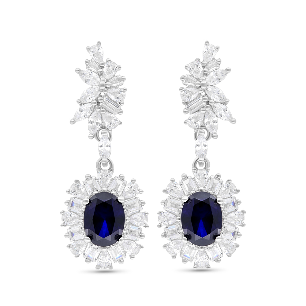 Sterling Silver 925 Earring Rhodium Plated Embedded With Sapphire Corundum And White CZ