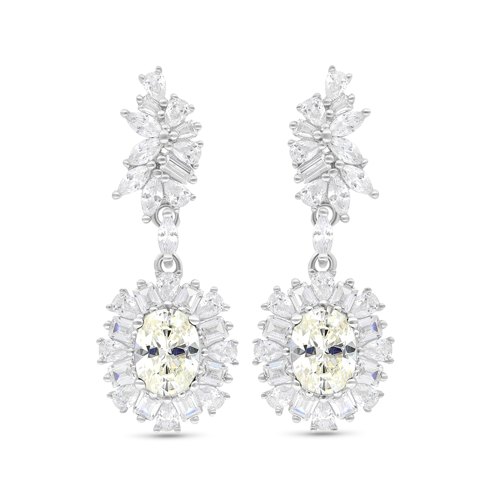 Sterling Silver 925 Earring Rhodium Plated Embedded With Yellow Zircon And White CZ