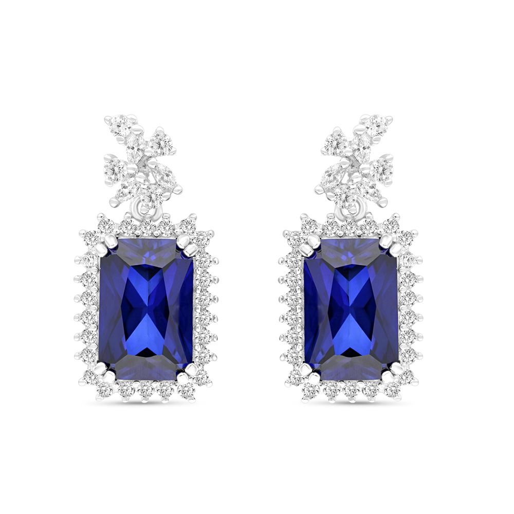 Sterling Silver 925 Earring Rhodium Plated Embedded With Sapphire Corundum And White CZ