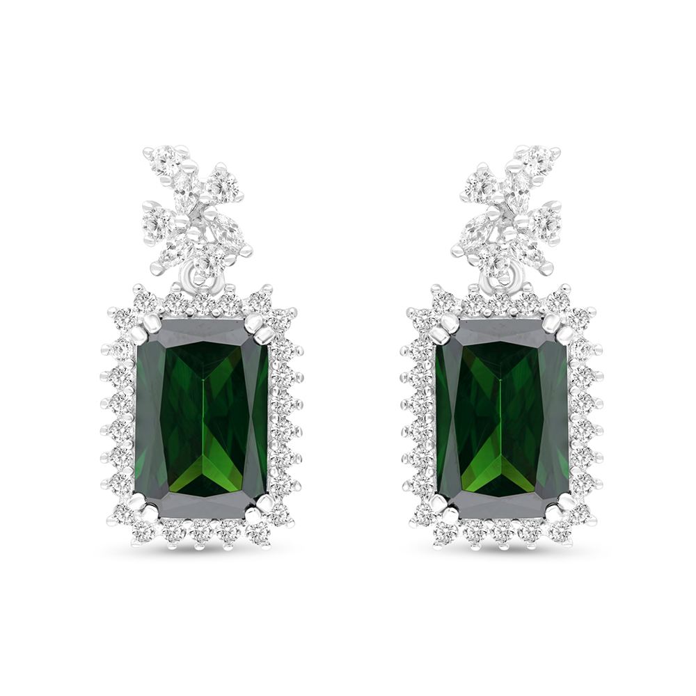 Sterling Silver 925 Earring Rhodium Plated Embedded With Emerald Zircon And White CZ