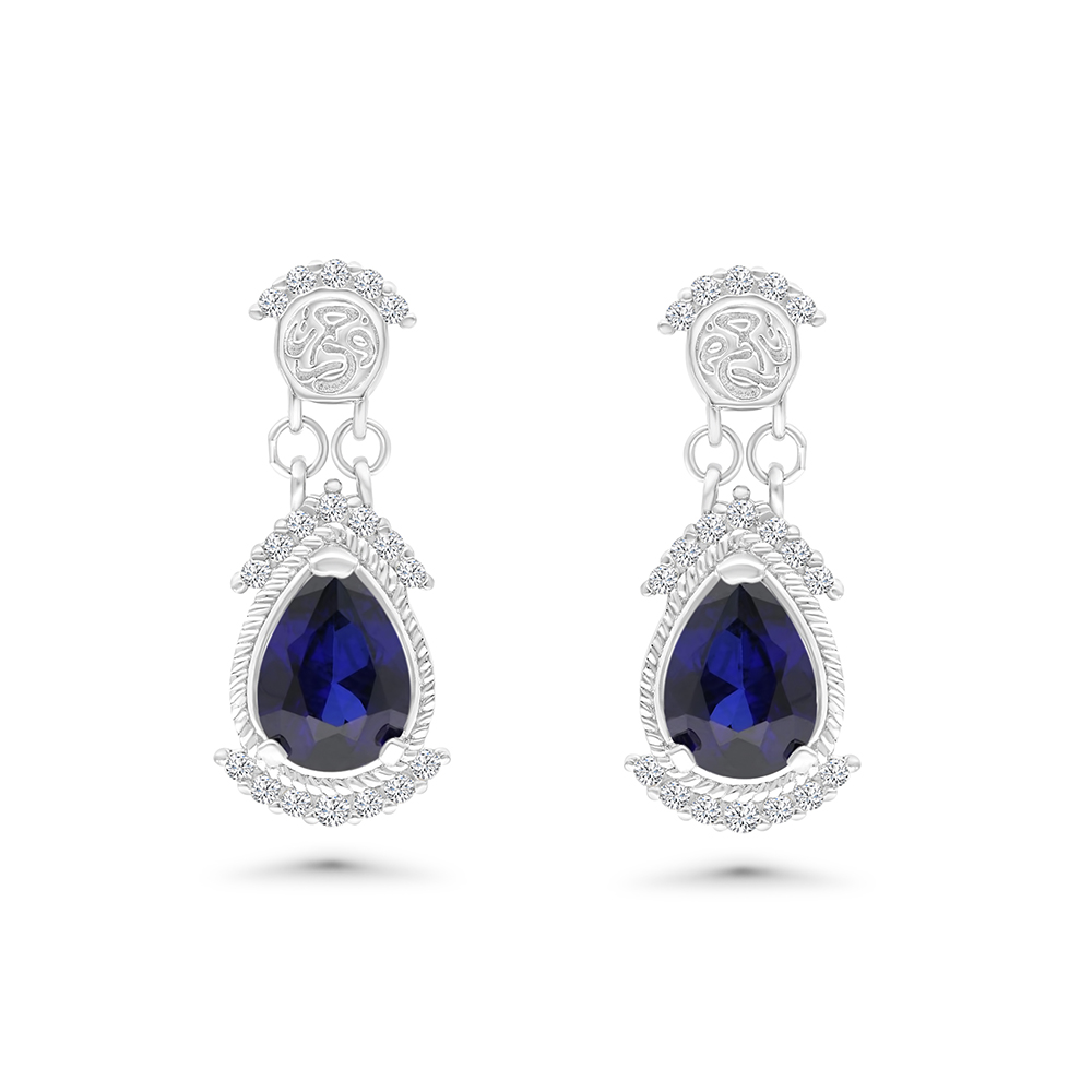 Sterling Silver 925 Earring Rhodium Plated Embedded With Sapphire Corundum And White CZ