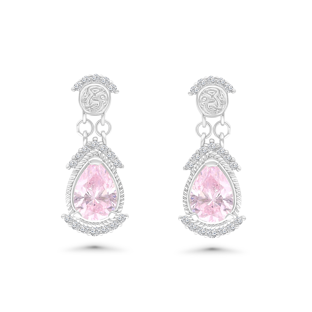 Sterling Silver 925 Earring Rhodium Plated Embedded With Pink Zircon And White CZ