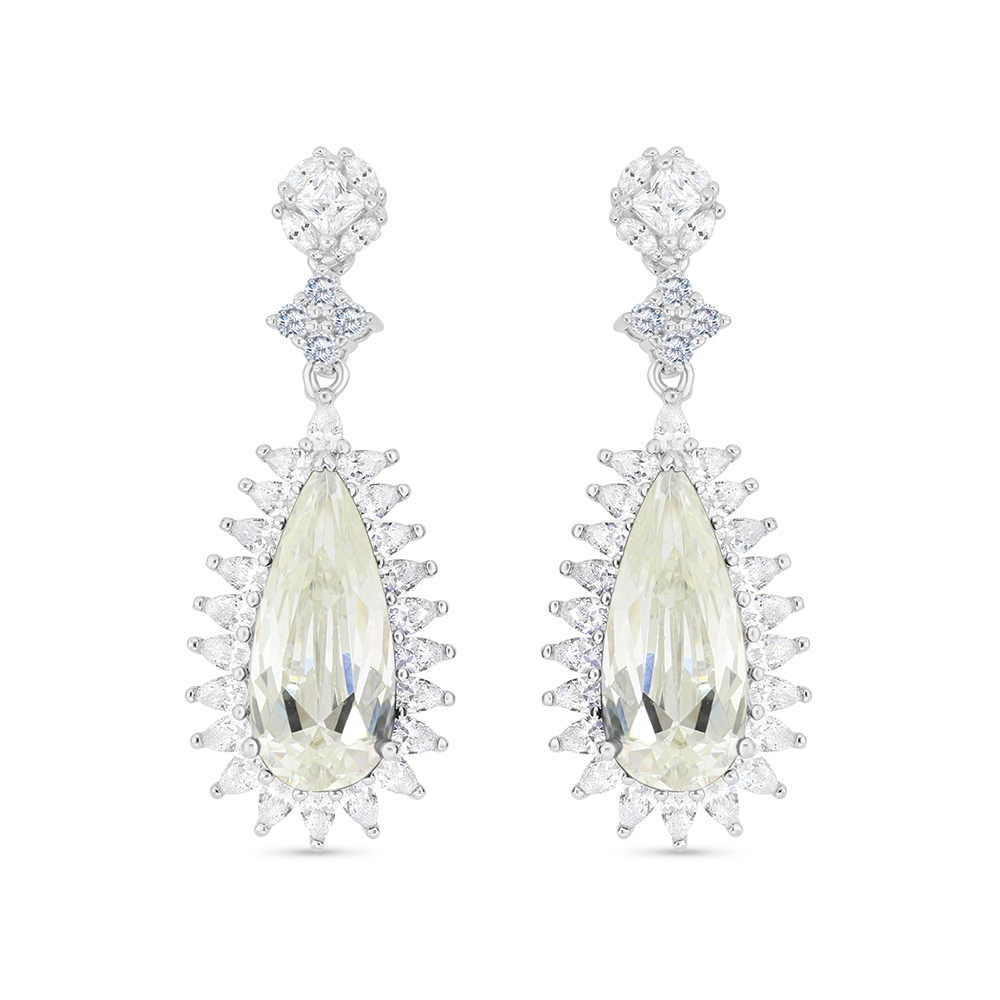 Sterling Silver 925 Earring Rhodium Plated Embedded With Yellow Zircon And White CZ