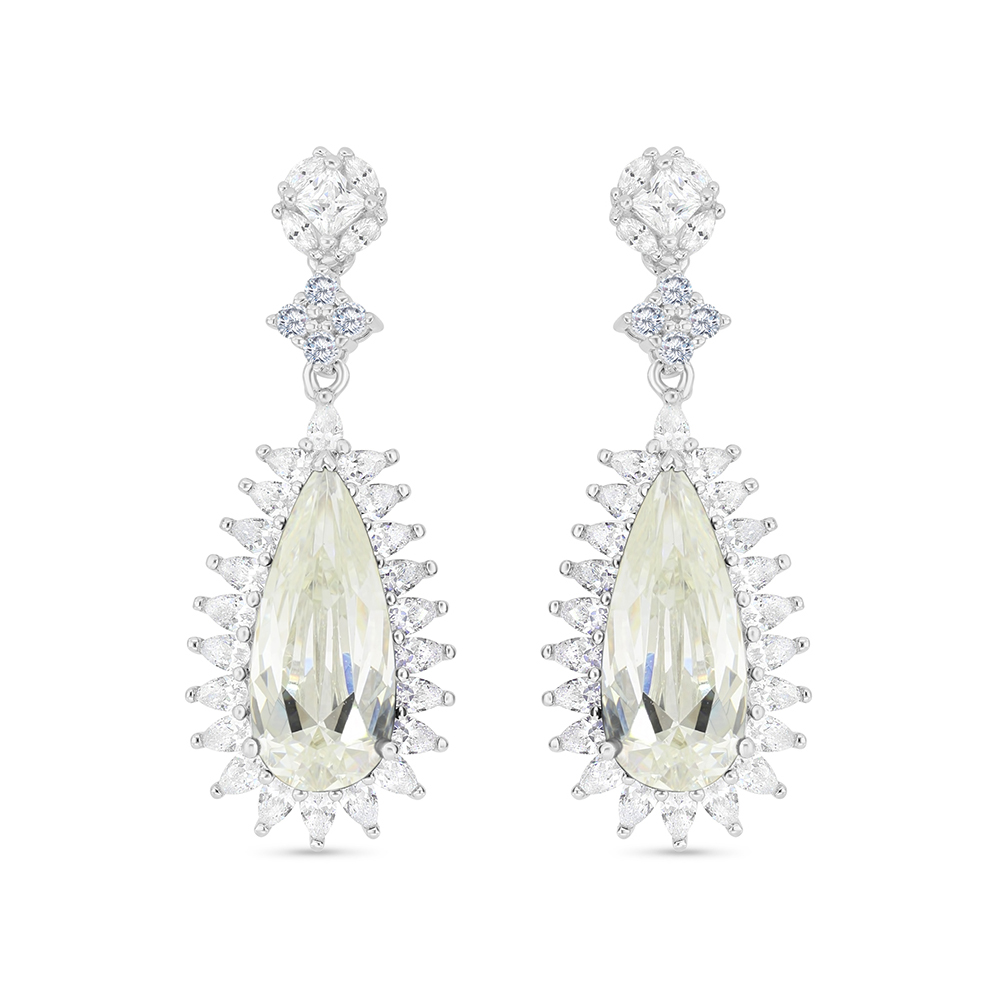 Sterling Silver 925 Earring Rhodium Plated Embedded With Yellow Zircon And White CZ