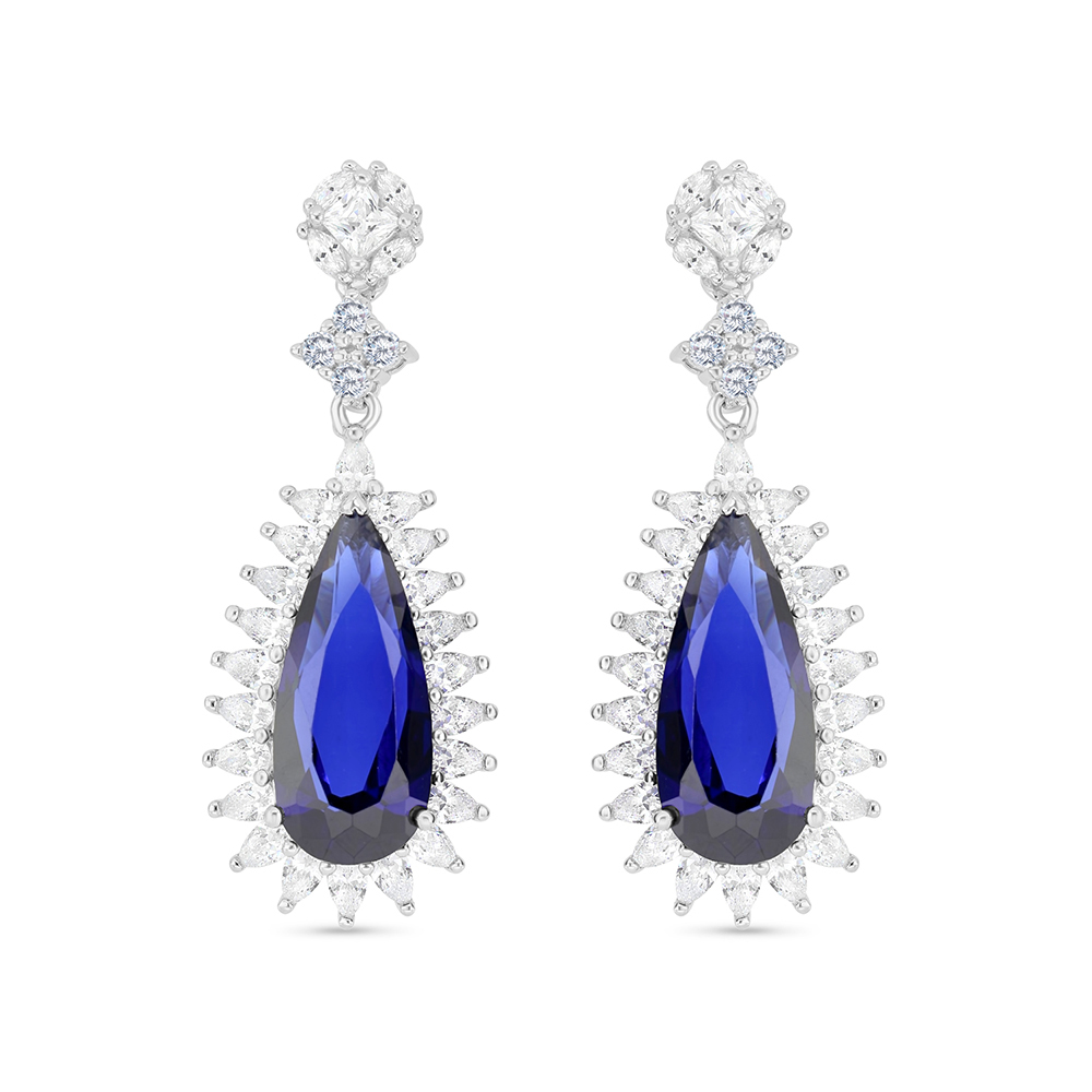 Sterling Silver 925 Earring Rhodium Plated Embedded With Sapphire Corundum And White CZ