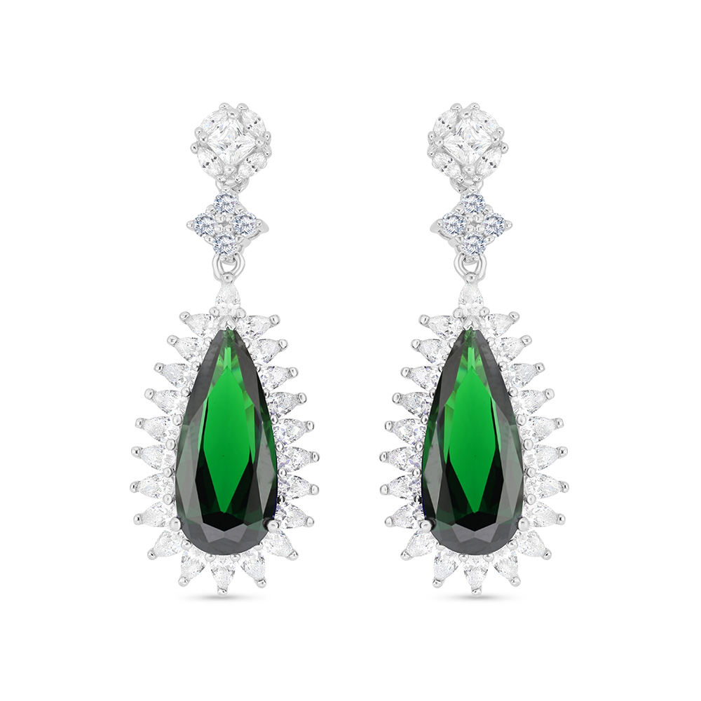 Sterling Silver 925 Earring Rhodium Plated Embedded With Emerald Zircon And White CZ