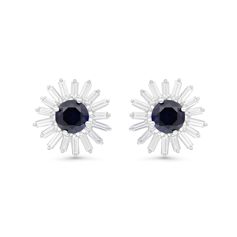 Sterling Silver 925 Earring Rhodium Plated Embedded With Sapphire Corundum And White CZ