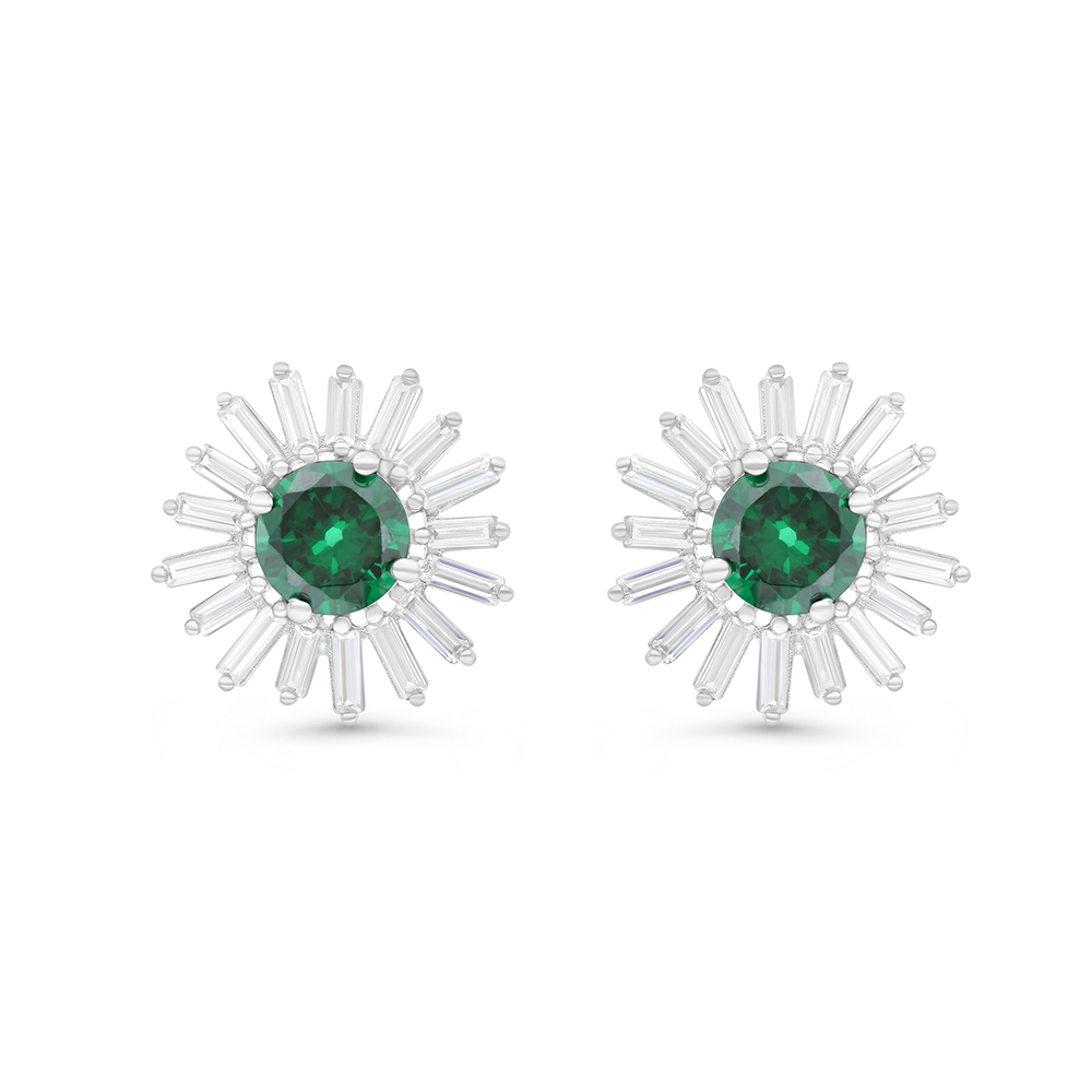 Sterling Silver 925 Earring Rhodium Plated Embedded With Emerald Zircon And White CZ