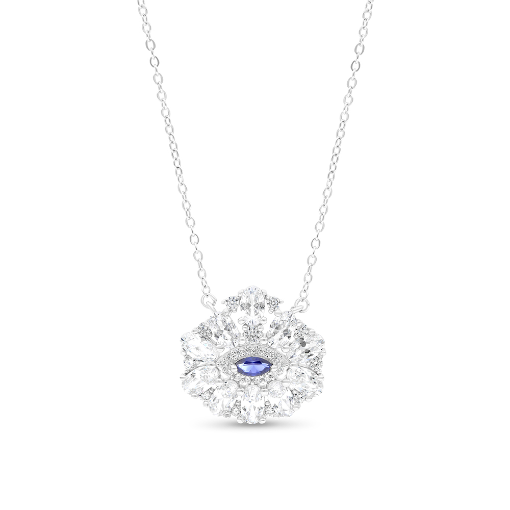 Sterling Silver 925 Necklace Rhodium Plated Embedded With Sapphire Corundum And White CZ