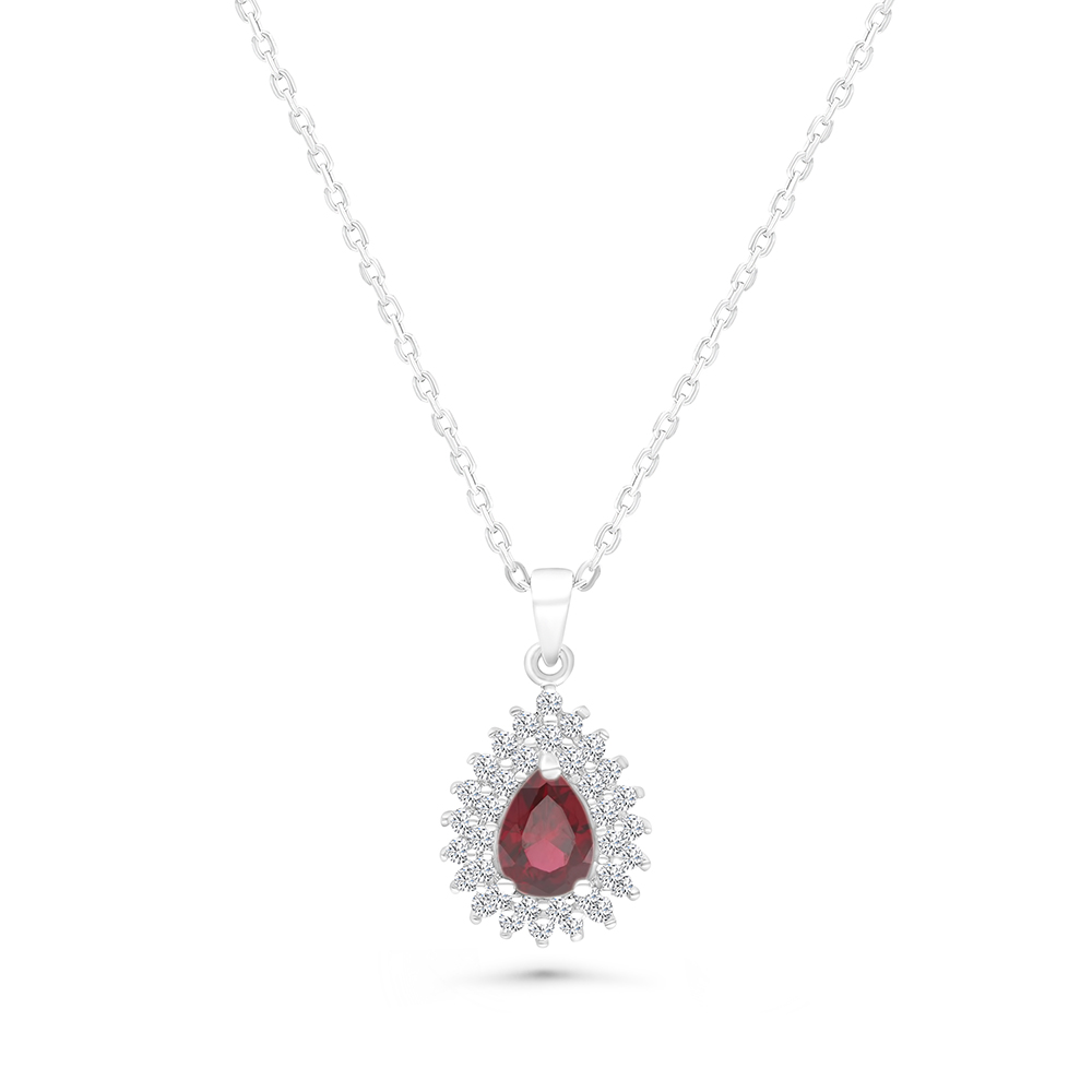 Sterling Silver 925 Necklace Rhodium Plated Embedded With Ruby Corundum And White CZ