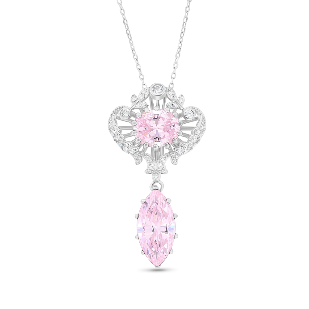 Sterling Silver 925 Necklace Rhodium Plated Embedded With pink Zircon And White CZ