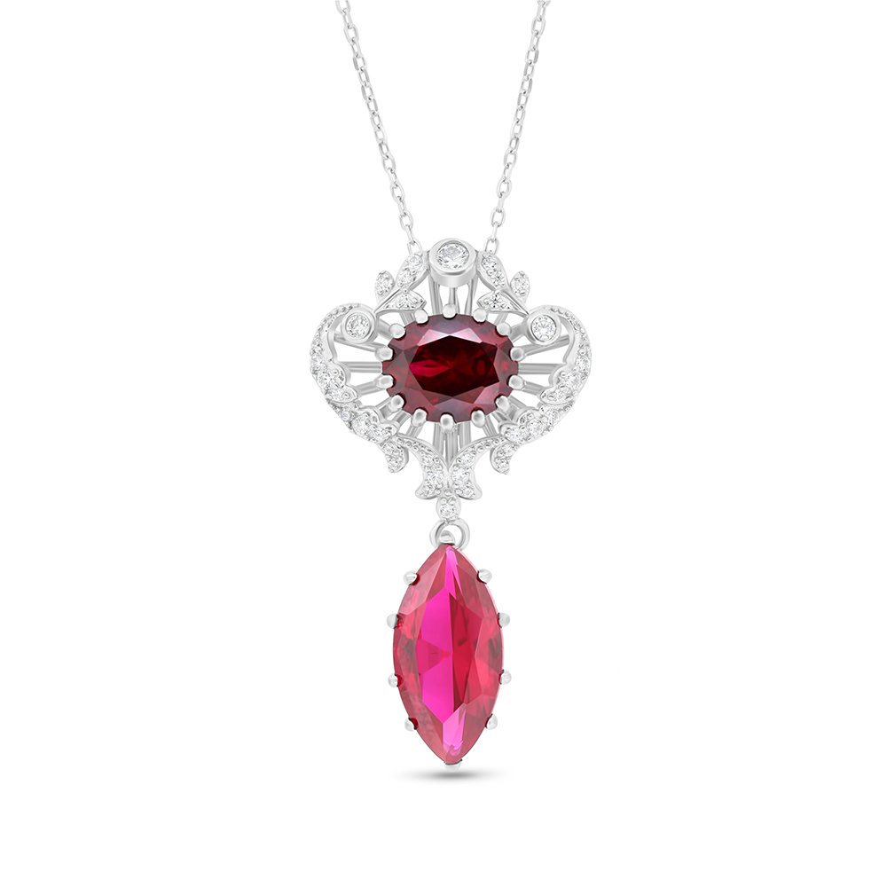 Sterling Silver 925 Necklace Rhodium Plated Embedded With Ruby Corundum And White CZ