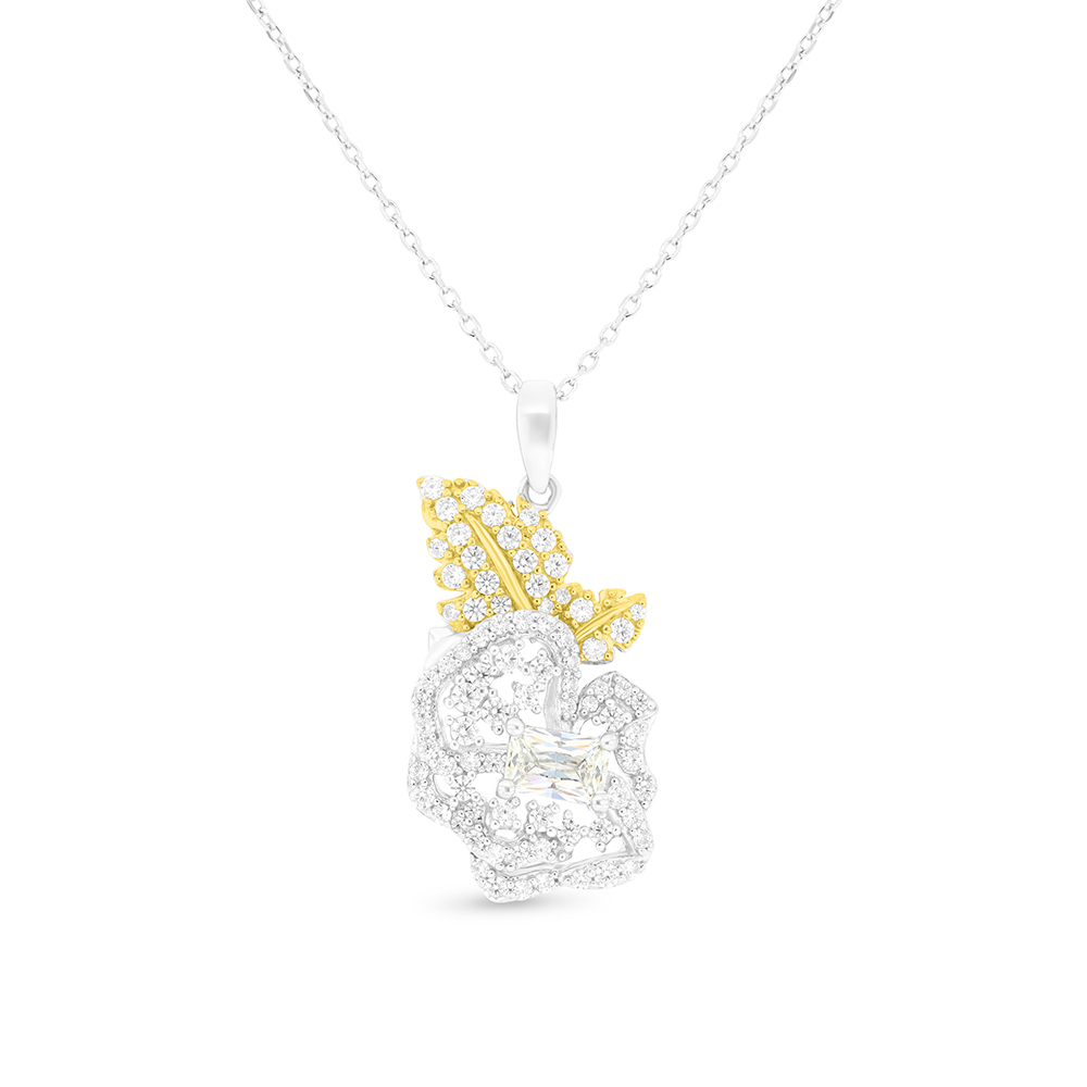 Sterling Silver 925 Necklace Rhodium And Gold Plated Embedded With Yellow Zircon And White CZ