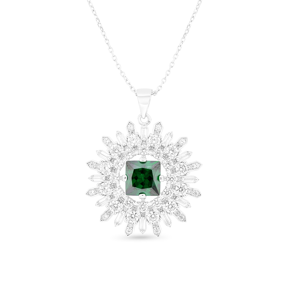 Sterling Silver 925 Necklace Rhodium Plated Embedded With Emerald Zircon And White CZ