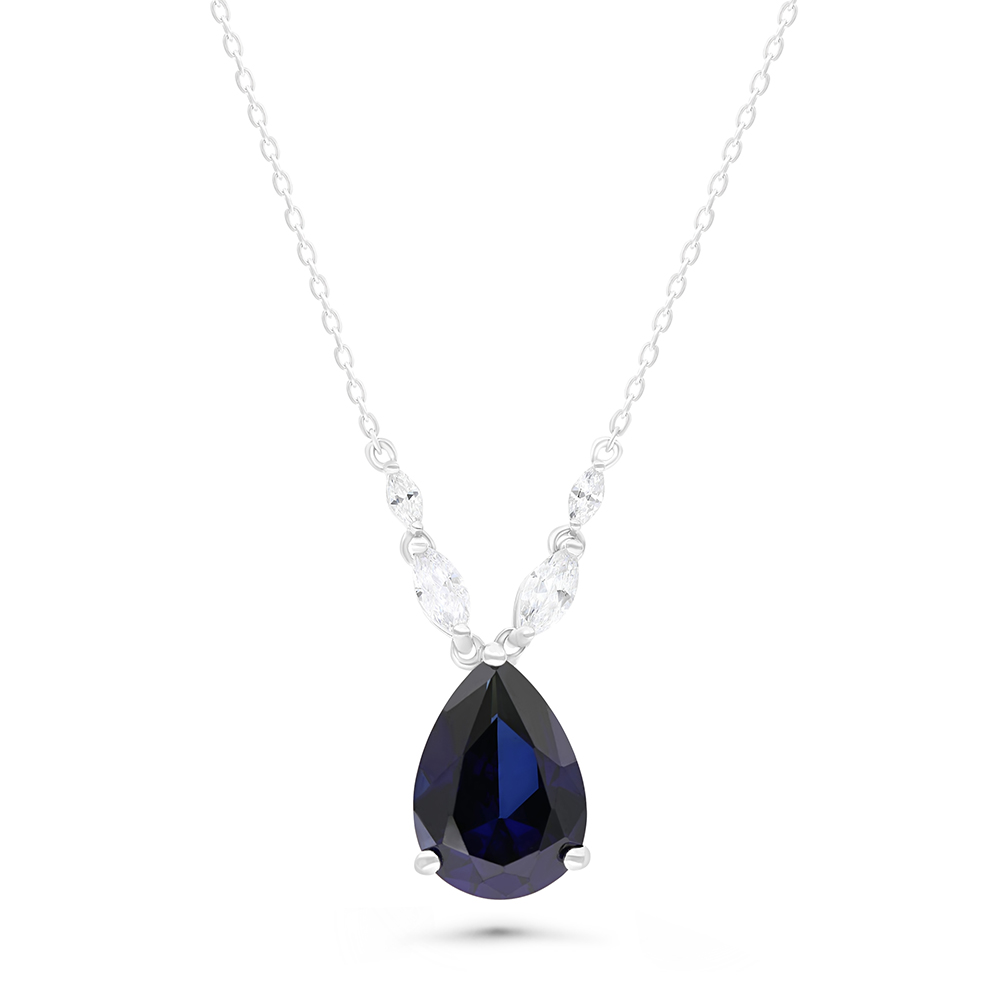 Sterling Silver 925 Necklace Rhodium Plated Embedded With Sapphire Corundum And White CZ