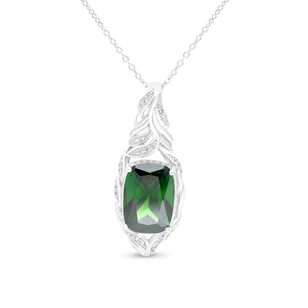 Sterling Silver 925 Necklace Rhodium Plated Embedded With Emerald Zircon And White CZ