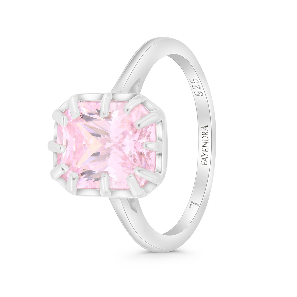 Sterling Silver 925 Ring Rhodium Plated Embedded With Pink Zircon