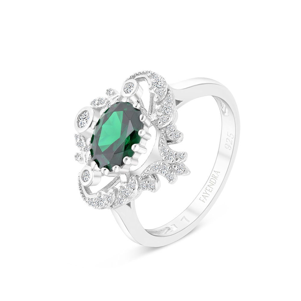 Sterling Silver 925 Ring Rhodium Plated Embedded With Emerald Zircon And White CZ