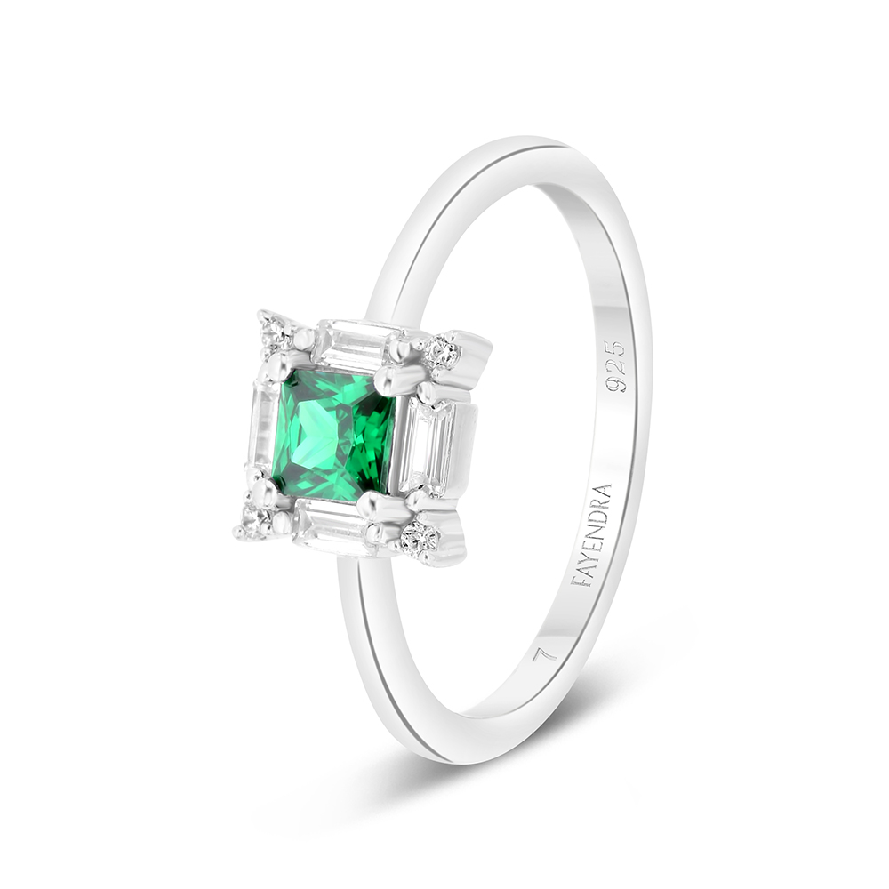 Sterling Silver 925 Ring Rhodium Plated Embedded With Emerald Zircon And White CZ